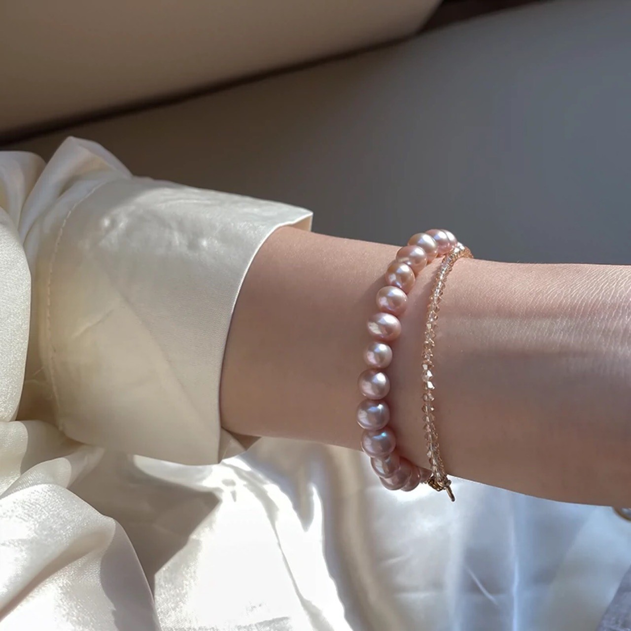 Romantic light purple natural pearl bracelet for women elastic stretch thread 925 silver plated 18k gold beads