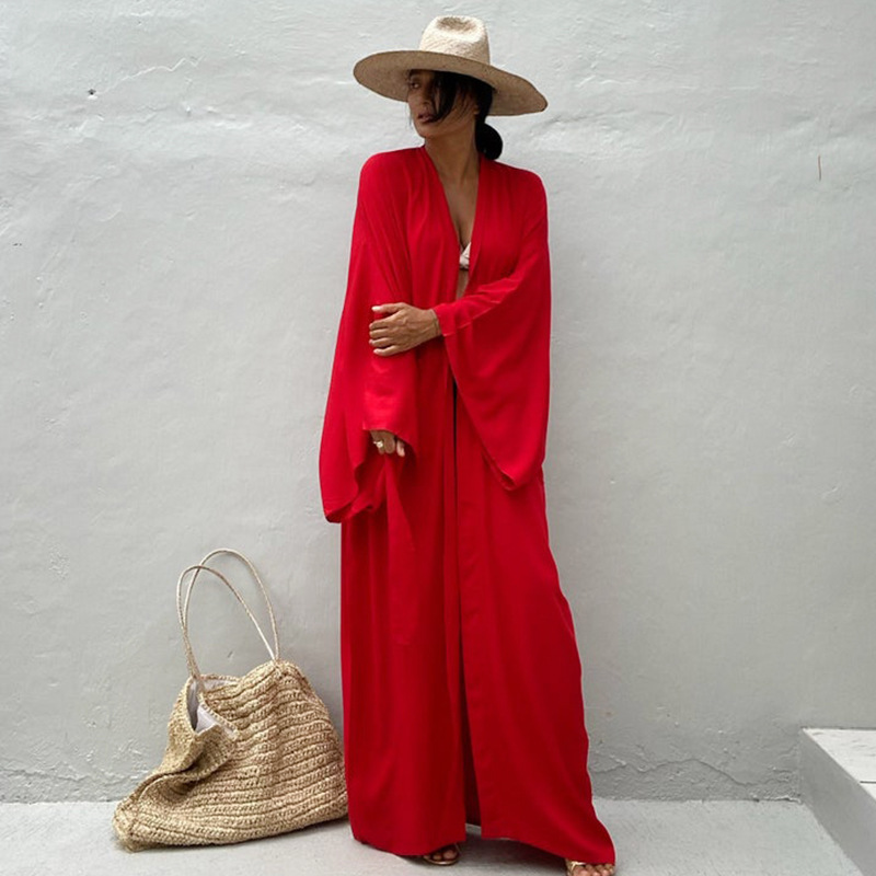 New Rayon Loose Long Cardigan Beach Sun Protection Jacket Seaside Vacation Bikini Cover Up Swimsuit Outer Women