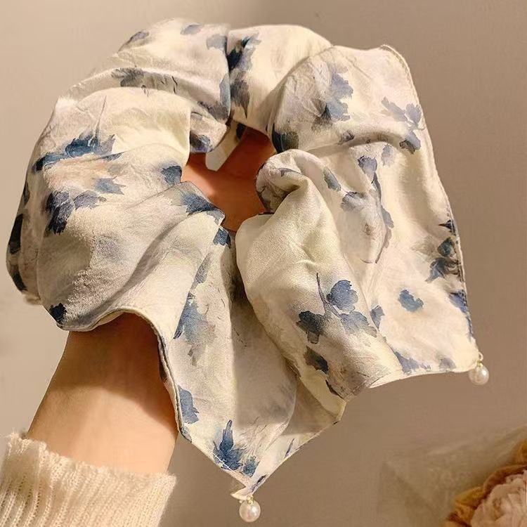 4#蓝色水墨枫叶珍珠吊坠方巾发圈约24cm