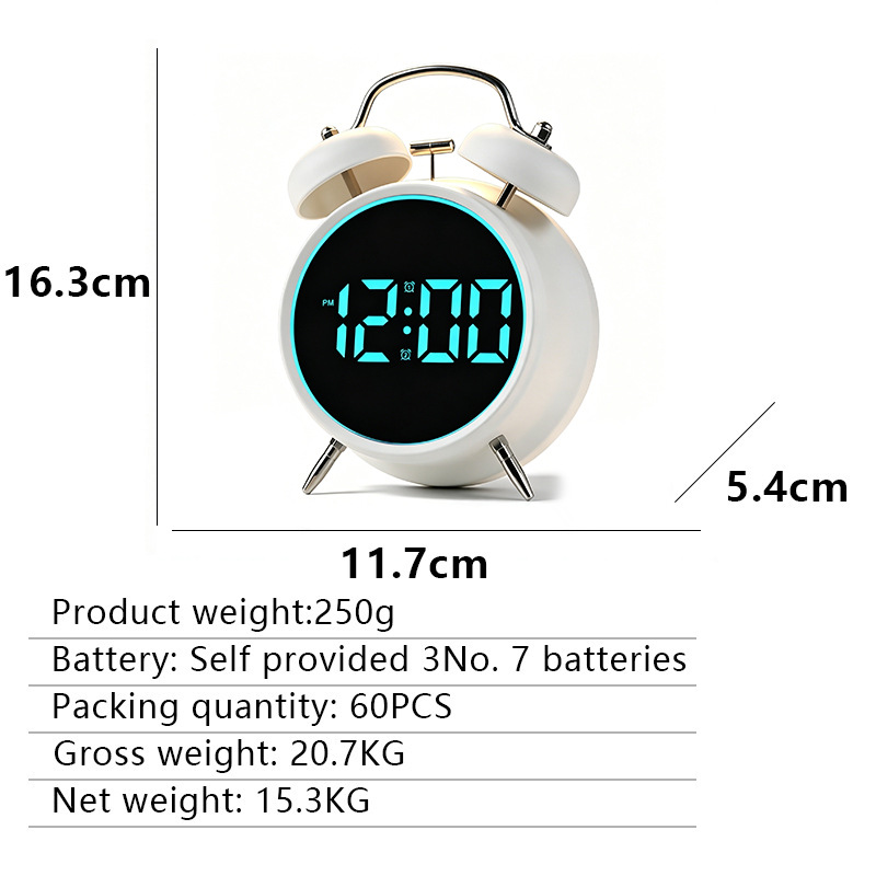 New bedroom electronic display ringing alarm clock super loud sound LED metal simple electronic clock