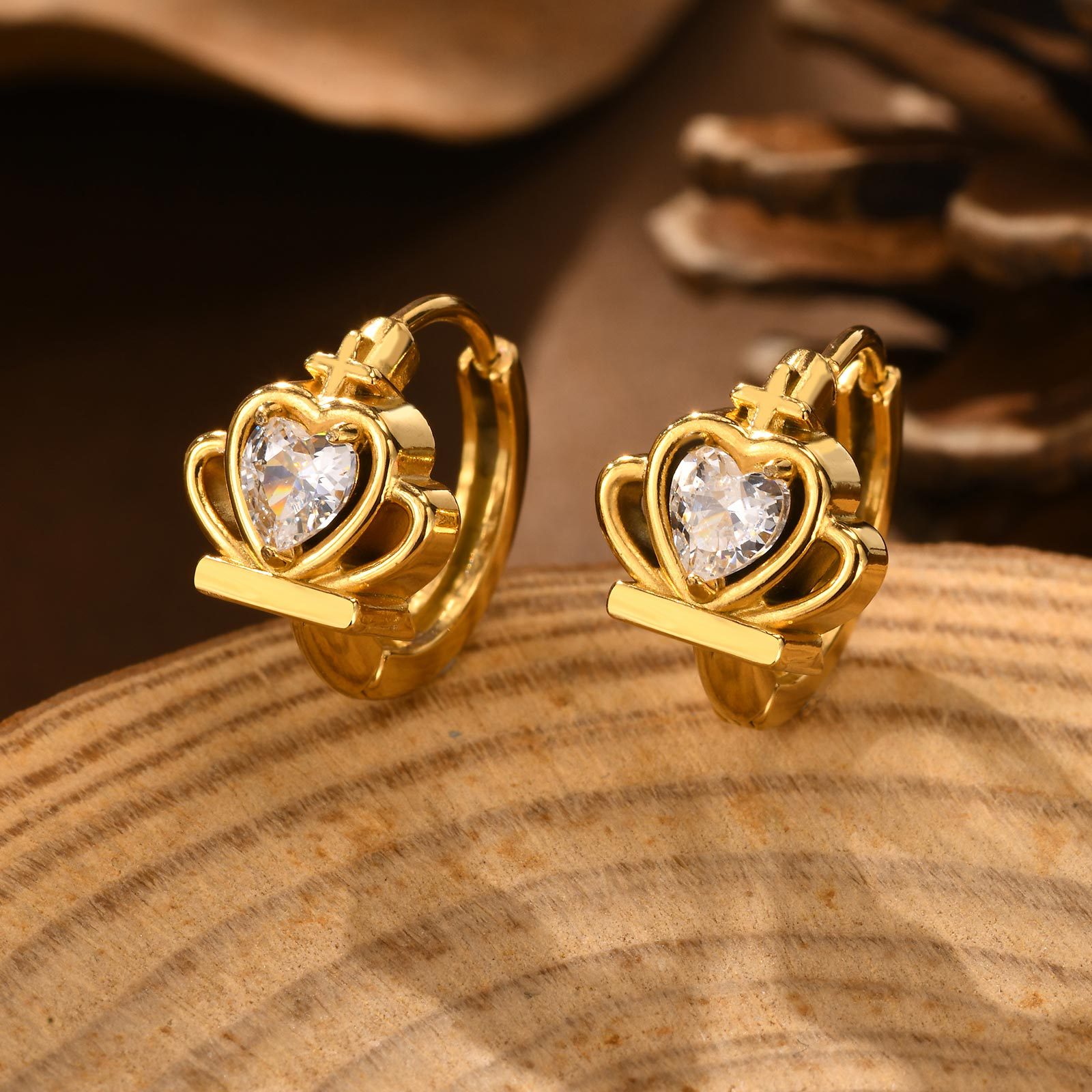 Women's Stainless Steel Imitation Czech Stone Eight-Pointed Star Earring Gold Heart Butterfly Ear Stud Earring Huanmu Accessories