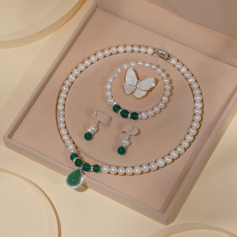 Zhuji Natural Freshwater Pearl Necklace for Women S925 Sterling Silver Three-Piece Set Clavicle Chain Set Mother's Day Gift
