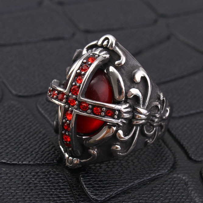 Accessory Ring Stainless Steel Finger Ring Red Rhinestone Casting Men's Ring