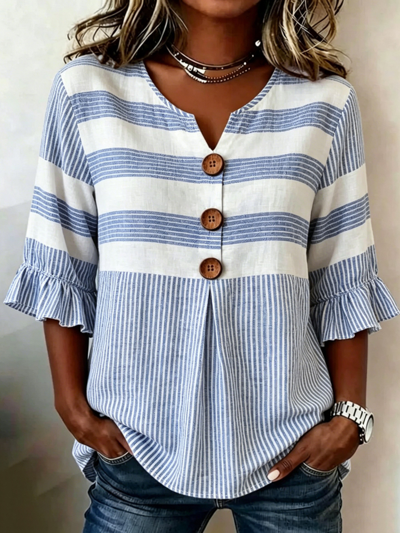 2026 Independent Station Summer New Plaid Striped Print Half Sleeve Button Top