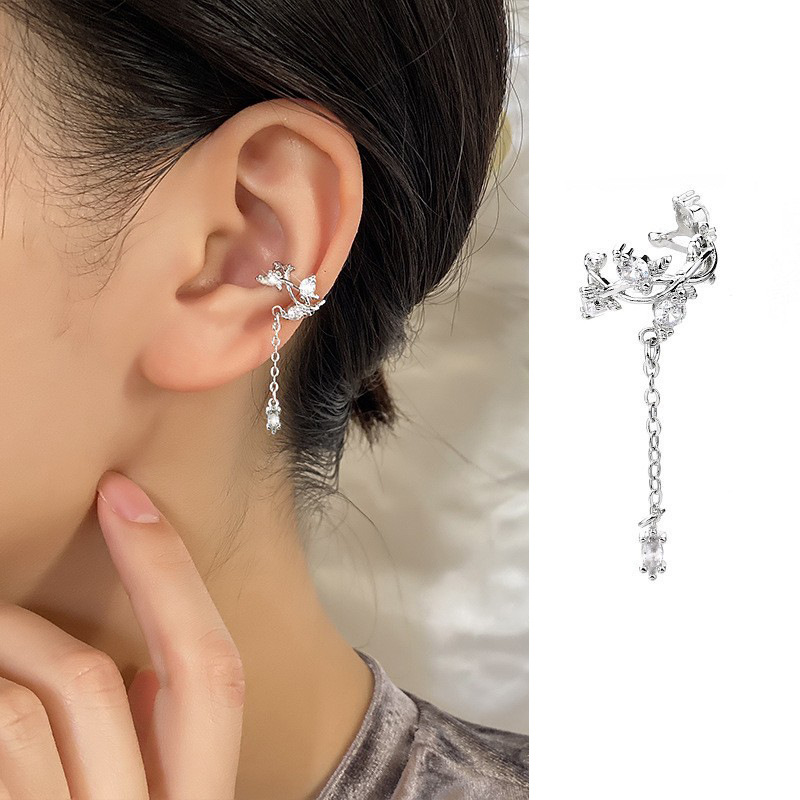 Bow Ear Clip No Piercing Chanel Style Earring Face Slimming Zircon Long Tassel Ear Cuff for Women