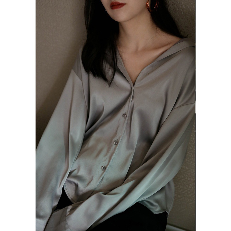 White Shirt Women Niche Hong Kong Style Blouse Satin Silk Satin Loose Professional