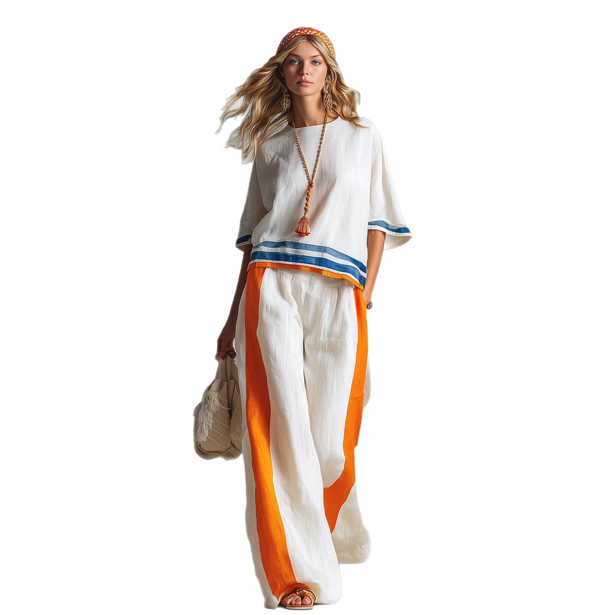Bohemian Stripe Contrast Cotton Linen Two Piece Set Loose Three Quarter Sleeve Top Wide Leg Casual Long Pants Vacation Suit