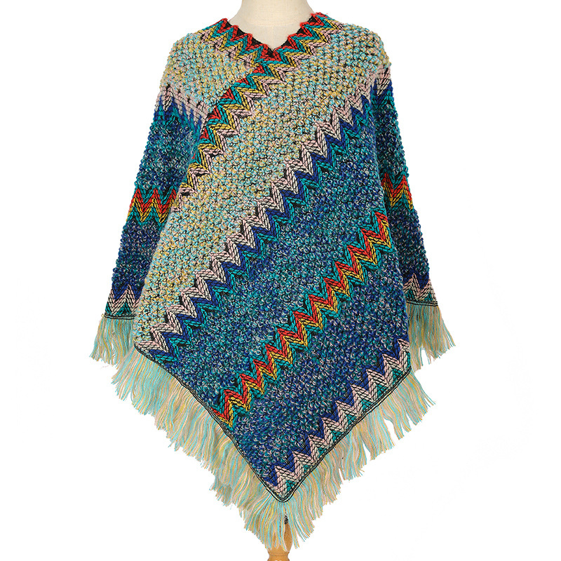 Colorful Ethnic Style Pullover Cape Women Poncho Acrylic Women Knit Cape Warm Autumn Winter Shawl