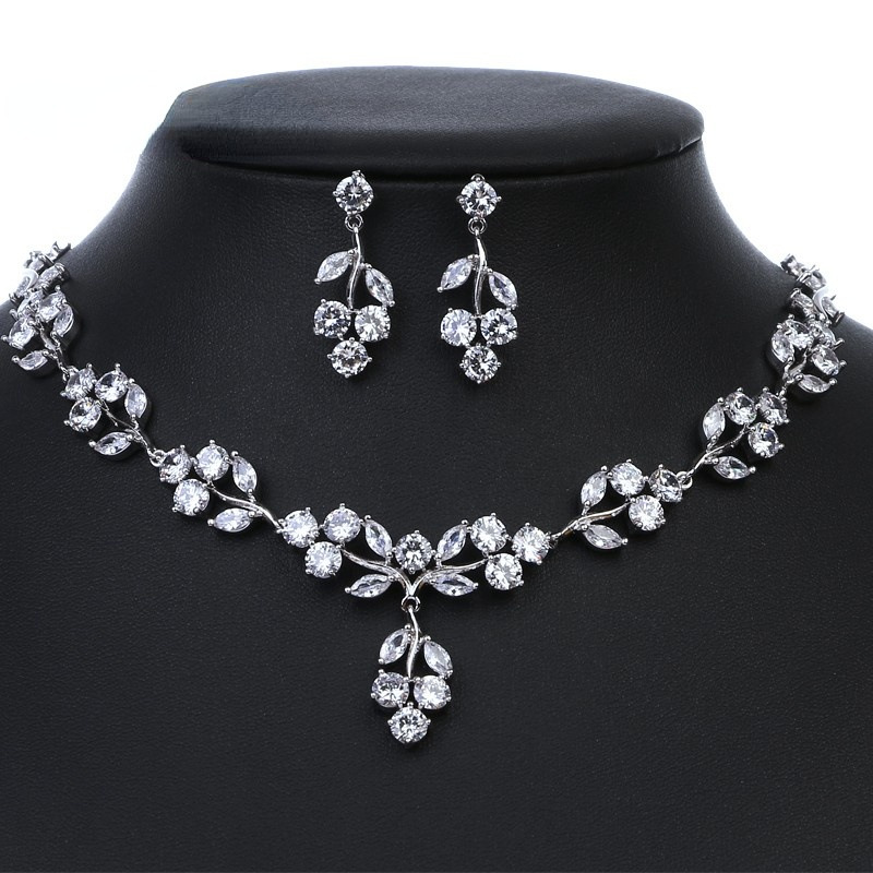 Leaf copper zircon necklace earring jewelry two-piece set bridal accessory gift women