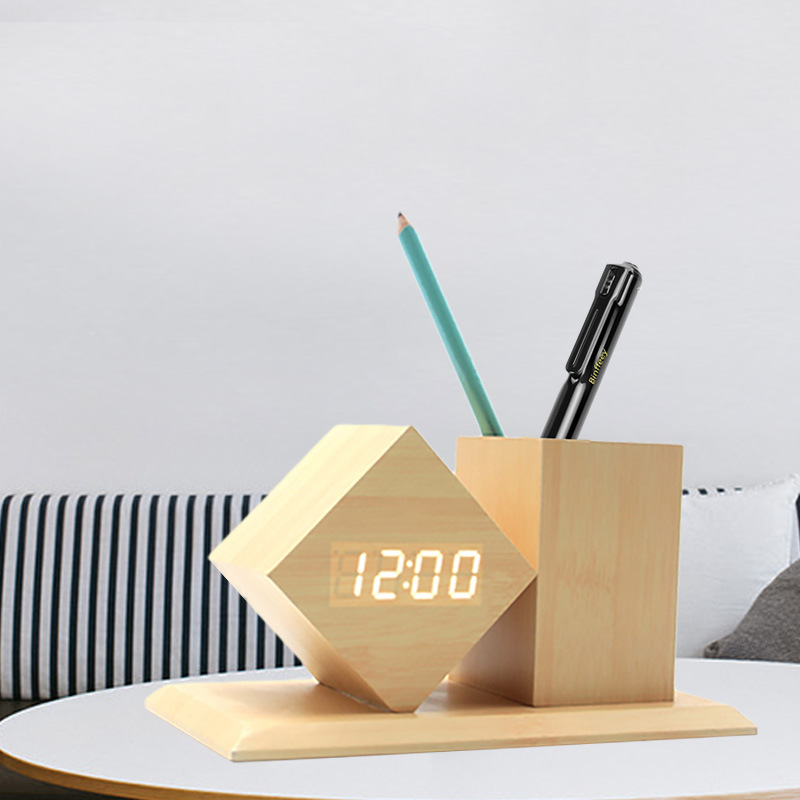 New Wooden Clock LED Smart Alarm Clock Home Office Desktop Pen Holder Wooden Clock Smart Electronic Clock