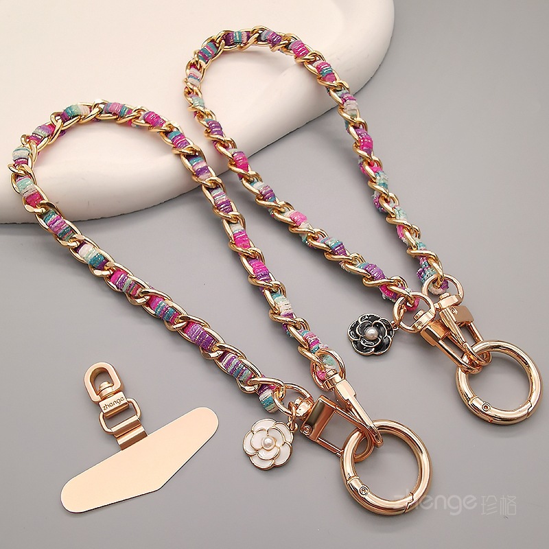 Mobile phone lanyard small fragrance camellia tag pendant phone chain wrist hanging decoration short metal chain