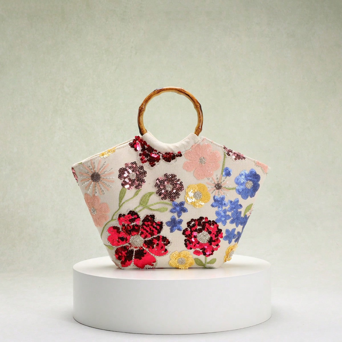 Seaside Vacation Style Bag Women's New Embroidery 3D Applique Sequins Flower Bamboo Knot Handle Bag Elegant Tote Bag