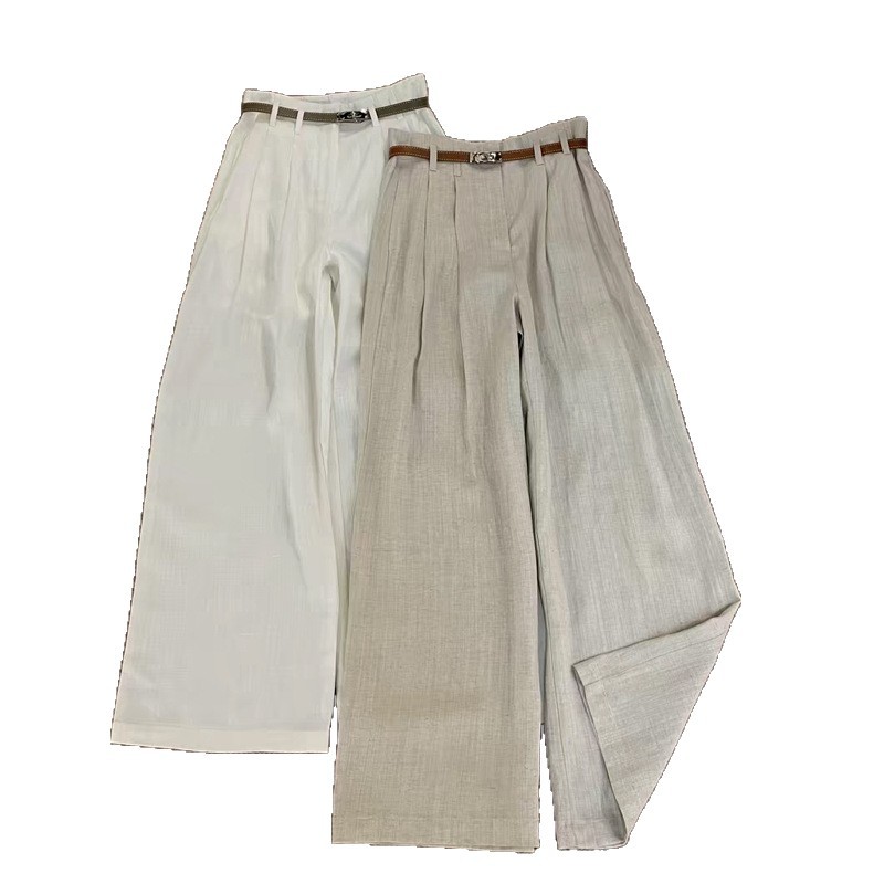 Double C 2026 Summer New Linen Wide-Leg Pants High-Waist Straight Pants with Belt Casual Pants