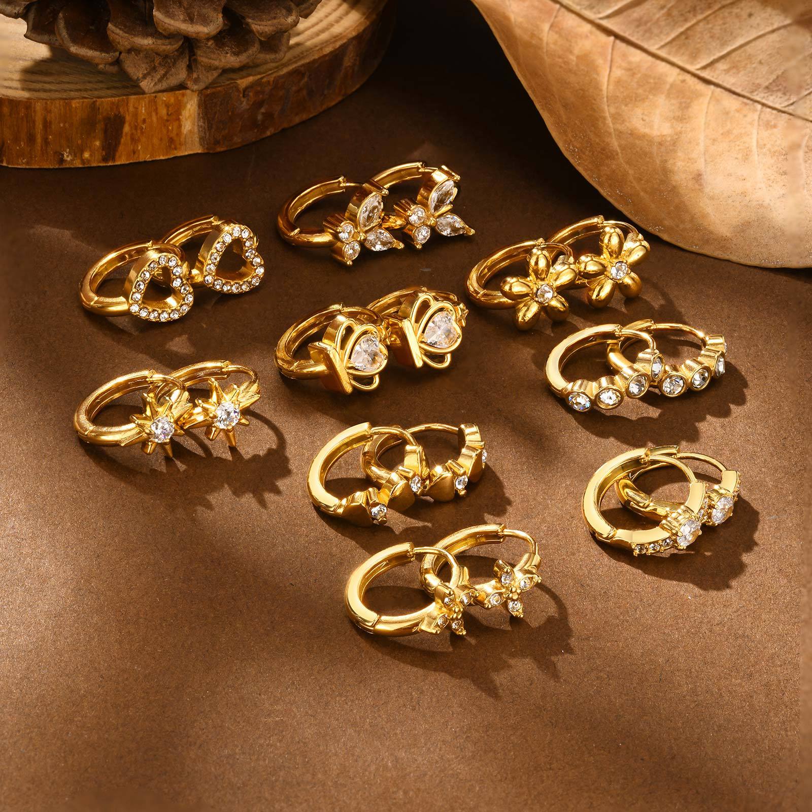 Women's Stainless Steel Imitation Czech Stone Eight-Pointed Star Earring Gold Heart Butterfly Ear Stud Earring Huanmu Accessories