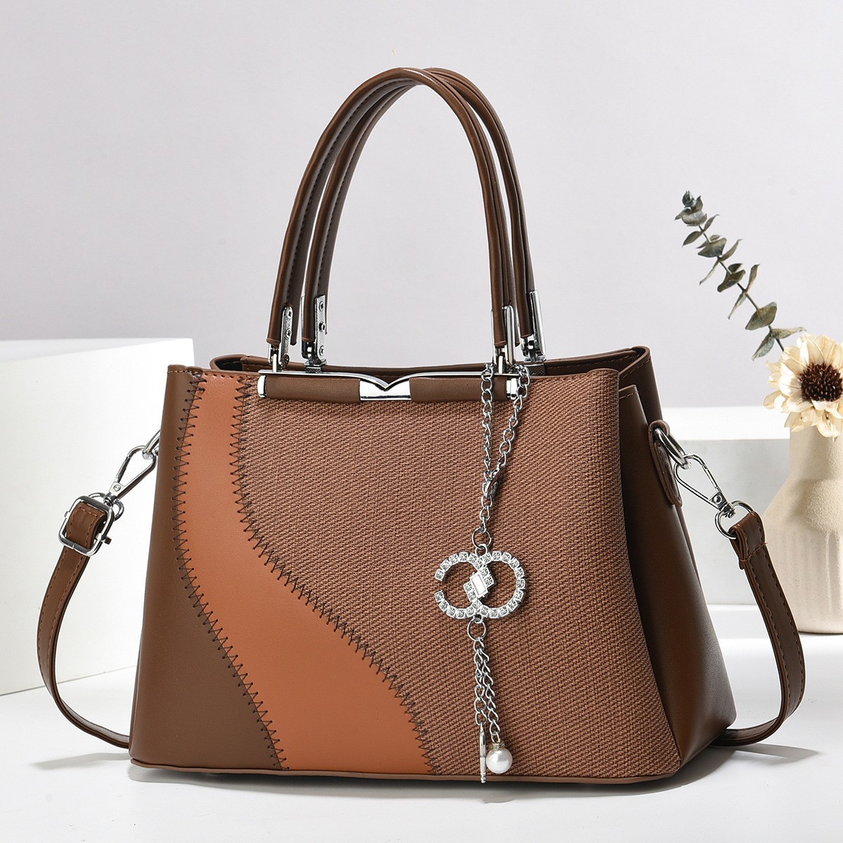 Women's Bag Simple Patchwork Bag Large Capacity Textured Single Shoulder Crossbody Handheld Bag Casual