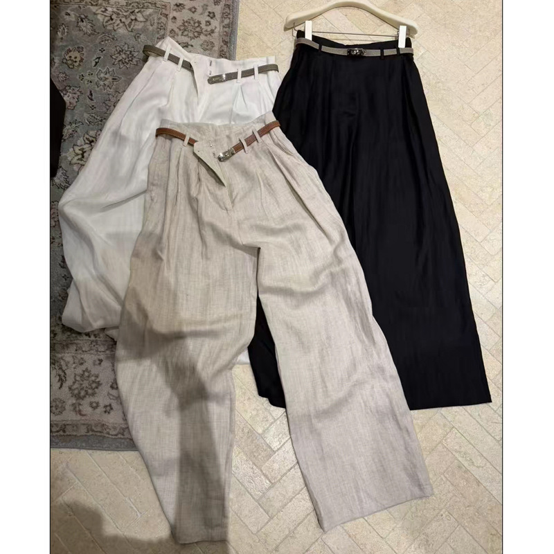 Double C 2026 Summer New Linen Wide-Leg Pants High-Waist Straight Pants with Belt Casual Pants