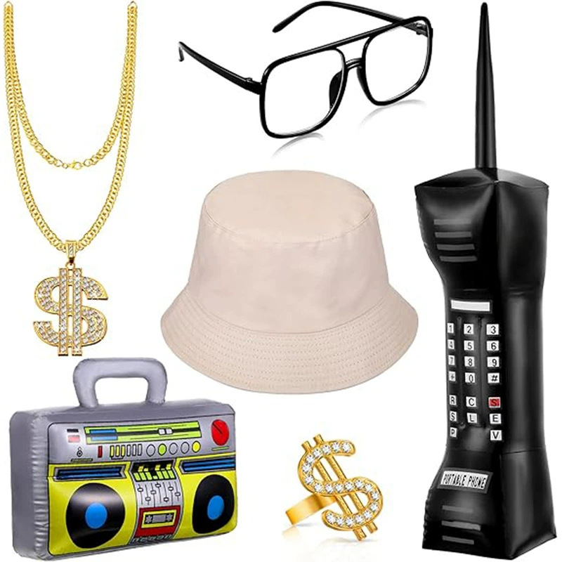 Hip Hop Punk Elvis Sunglasses 18k Gold Plated Dollar Bill Necklace Fisherman Hat Accessory Set