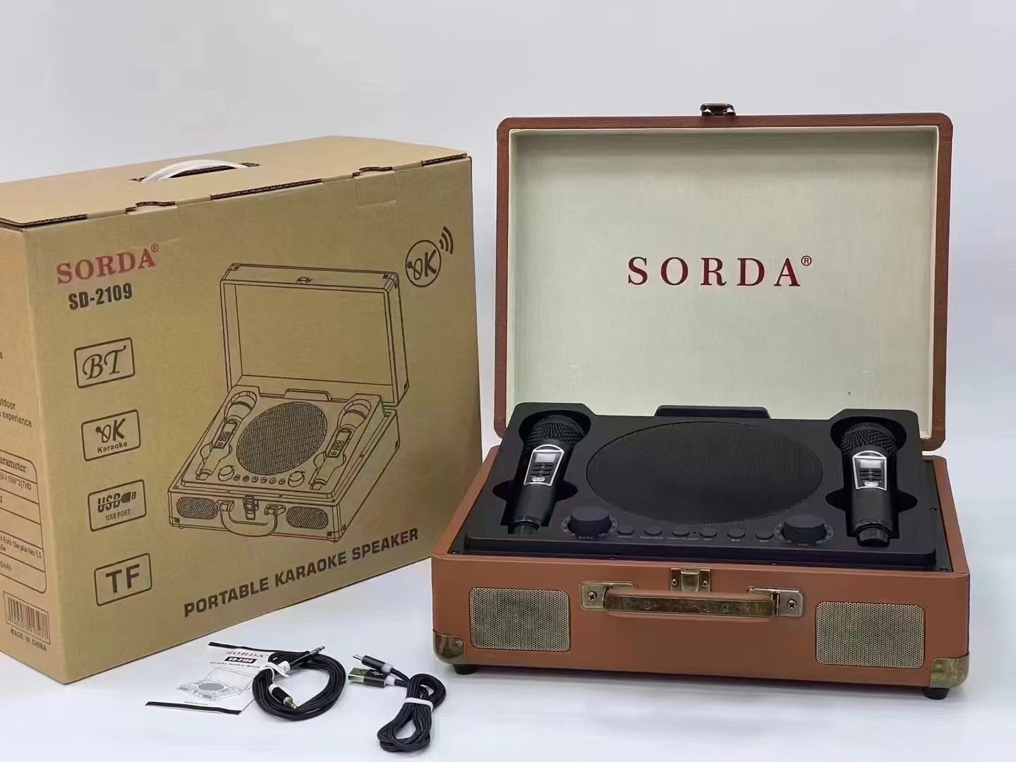 Bluetooth Speaker SD2109 Wood Box Portable Outdoor Wireless Dual Microphone K-Song Machine Home Children