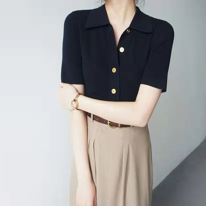 Simple Polo Collar Solid Color Shirt for Women 2025 Summer New Button Short-Sleeve Top