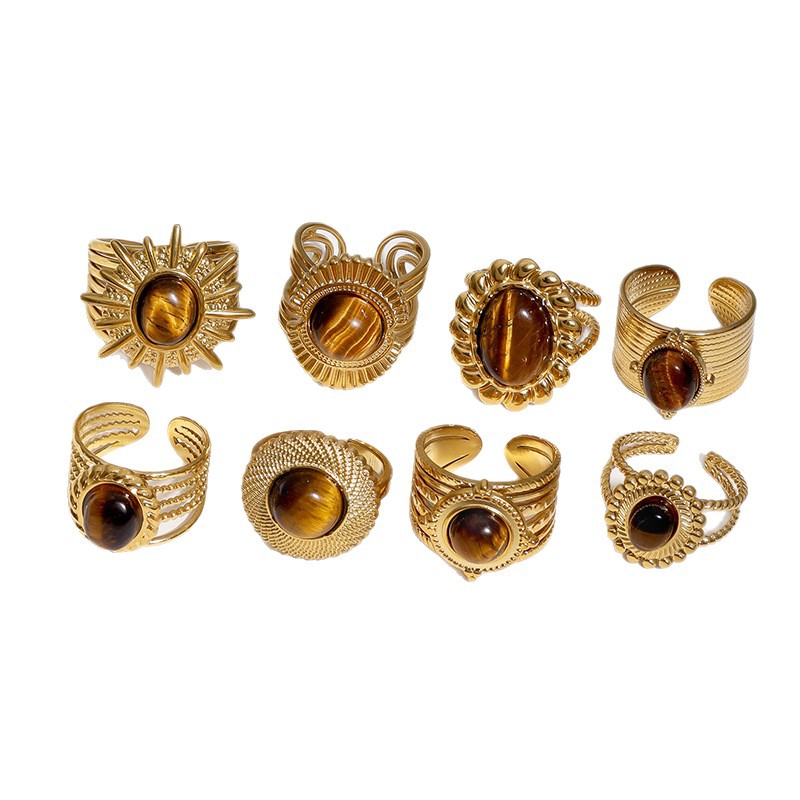 Titanium steel open ring 18k gold stainless steel tiger eye stone hand jewelry
