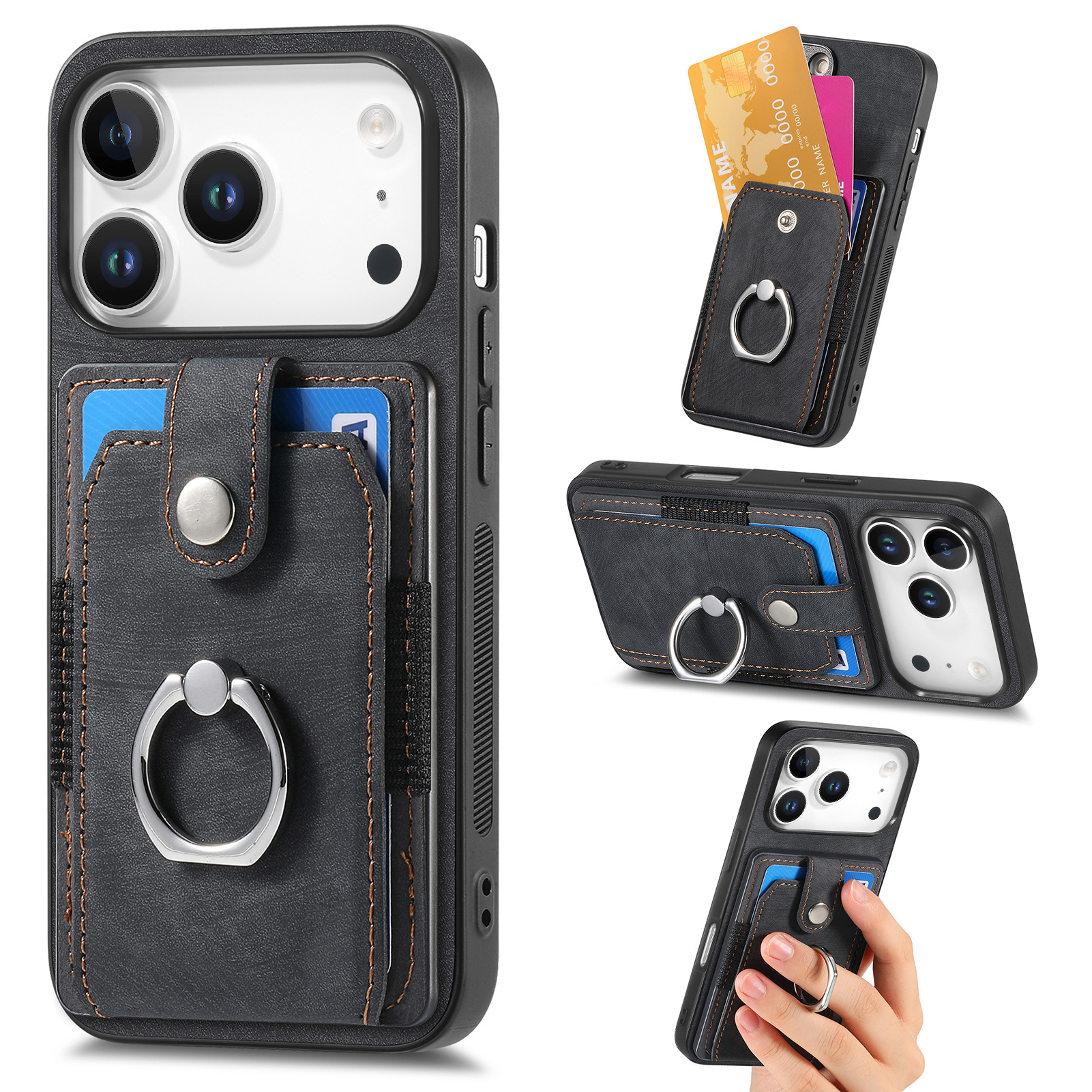 For Apple 18 card holder phone case solid color hardware ring car magnetic iPhone18 protective leather case