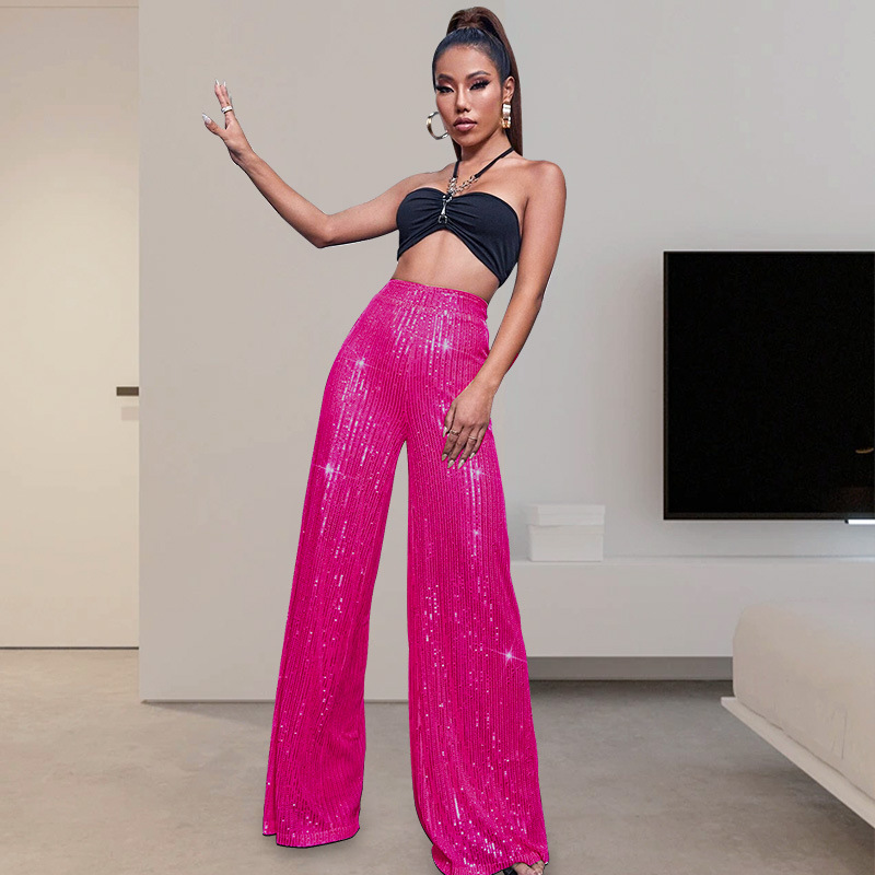 Women's 2026 New Solid Color Wide-Leg Pants Independent Station Draping Sequin Casual Pants Women