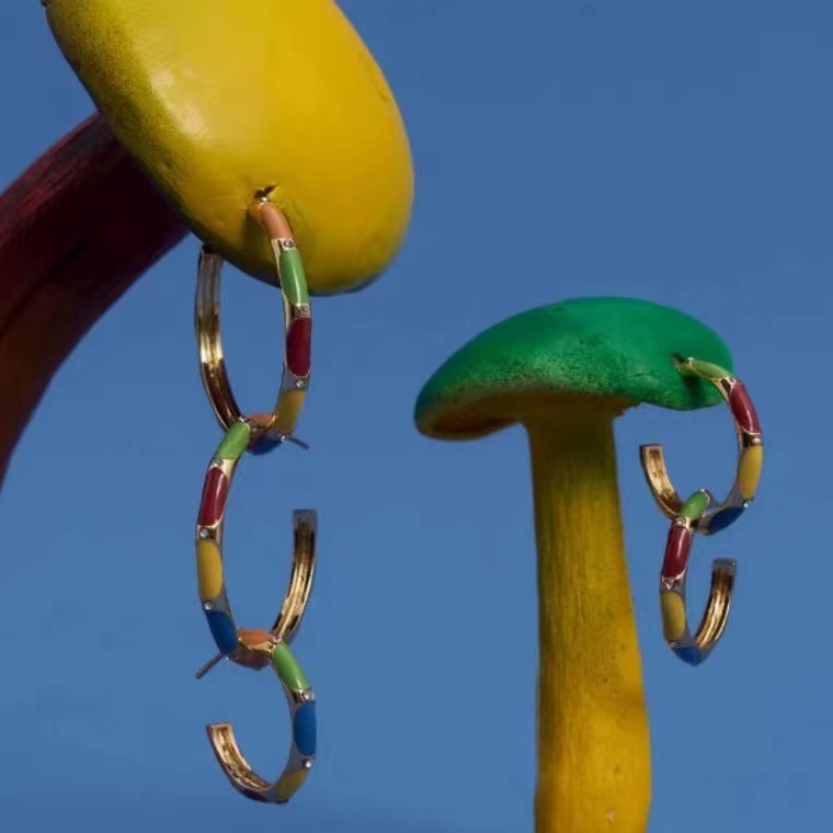 Back-and-Forth Rainbow Color Block C-Shaped Earrings Milad Style Enamel Large Circle