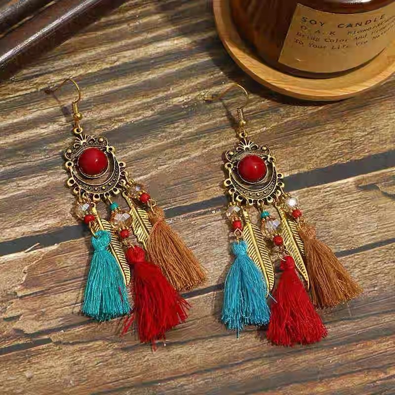 Bohemian bead tassel earrings niche exaggerated earrings ethnic style long earrings women