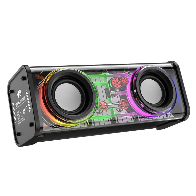 V8 Bluetooth speaker dual speaker transparent mecha small steel cannon colorful high power low bass desktop small audio