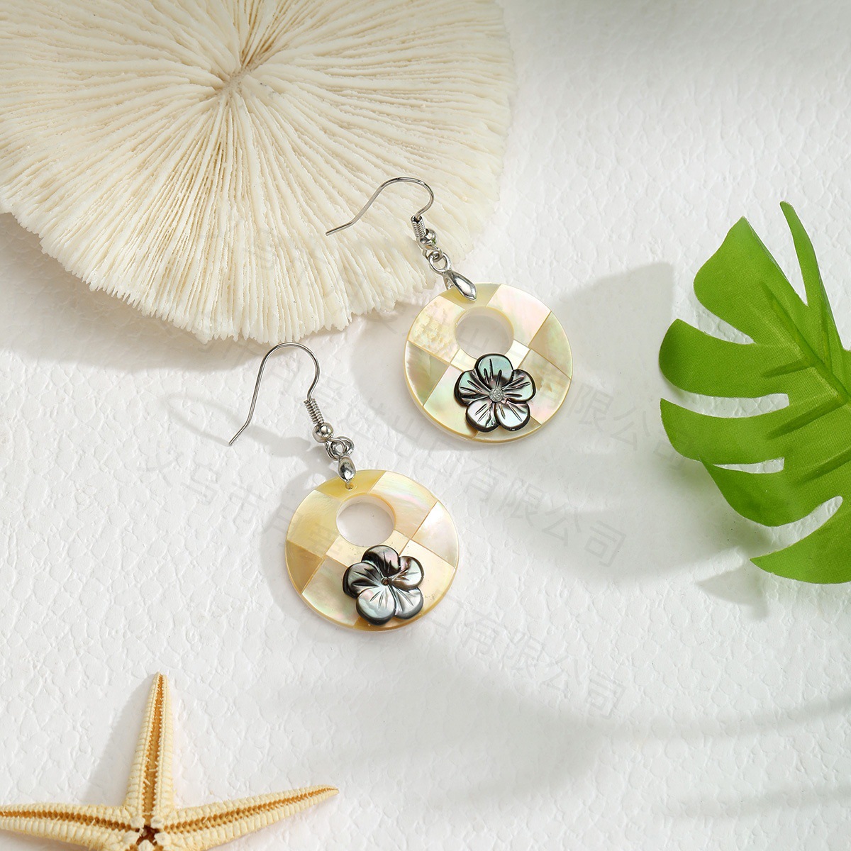 Simple Round Geometric Natural Abalone Shell Diamond Flower Earrings