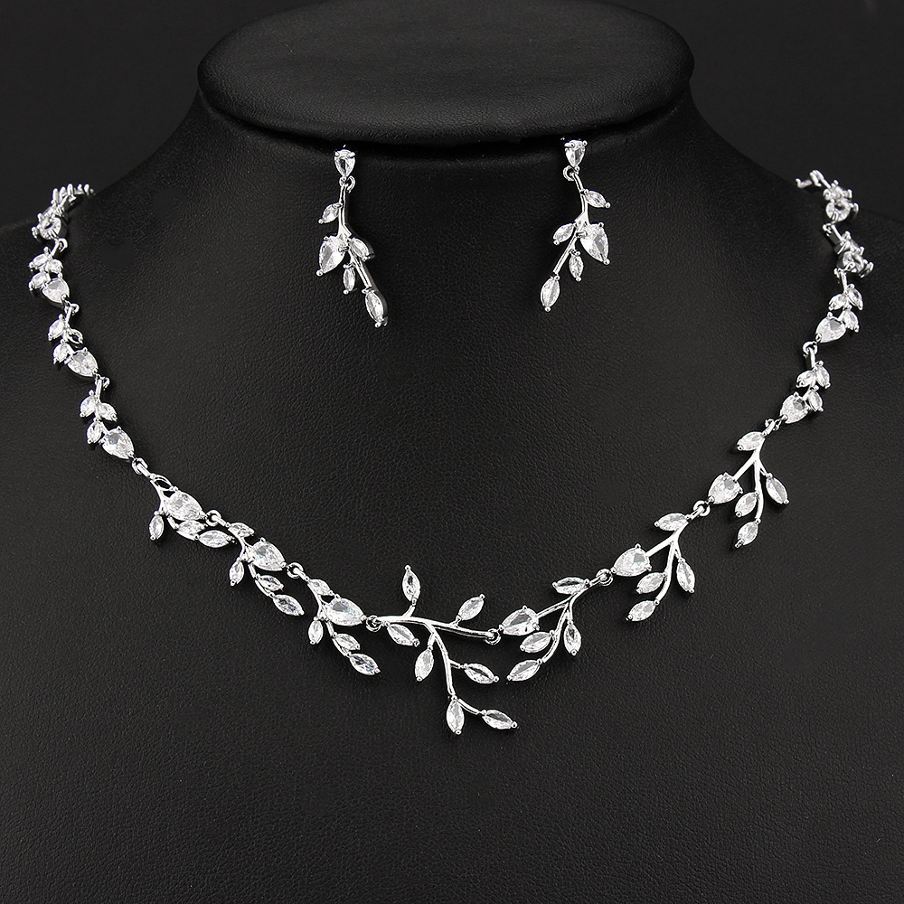 Leaf copper zircon necklace earring jewelry two-piece set bridal accessory gift women