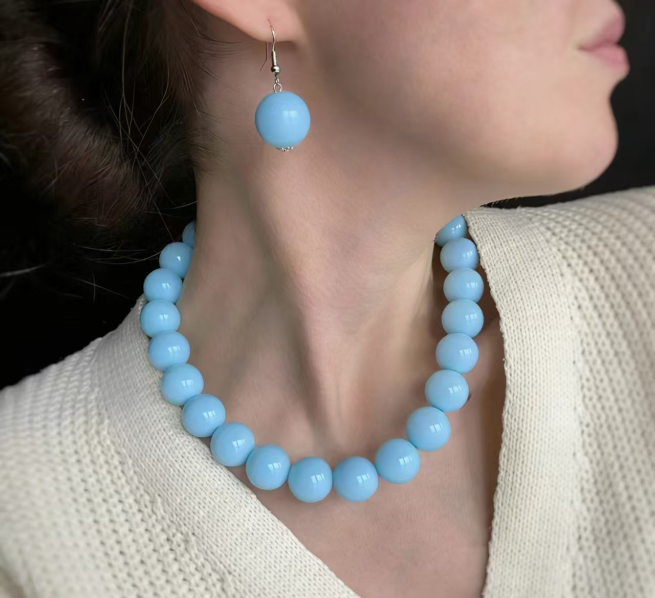 Fresh imitation pearl necklace earring set women round bead锁骨链 simple accessories three-piece set