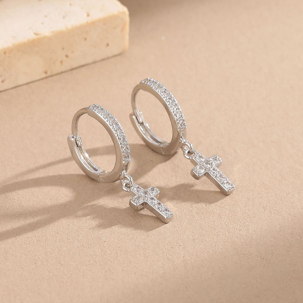 Simple Full Diamond Cross Ear Cuff Unisex Men's Earring Zircon Geometry Earring for Women
