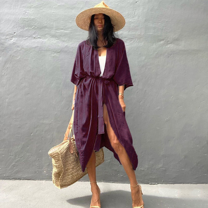 New Dense Rayon Sun Protection Cardigan Bikini Cover Up Swimsuit Outer Sun Protection Seaside Vacation Dress Women