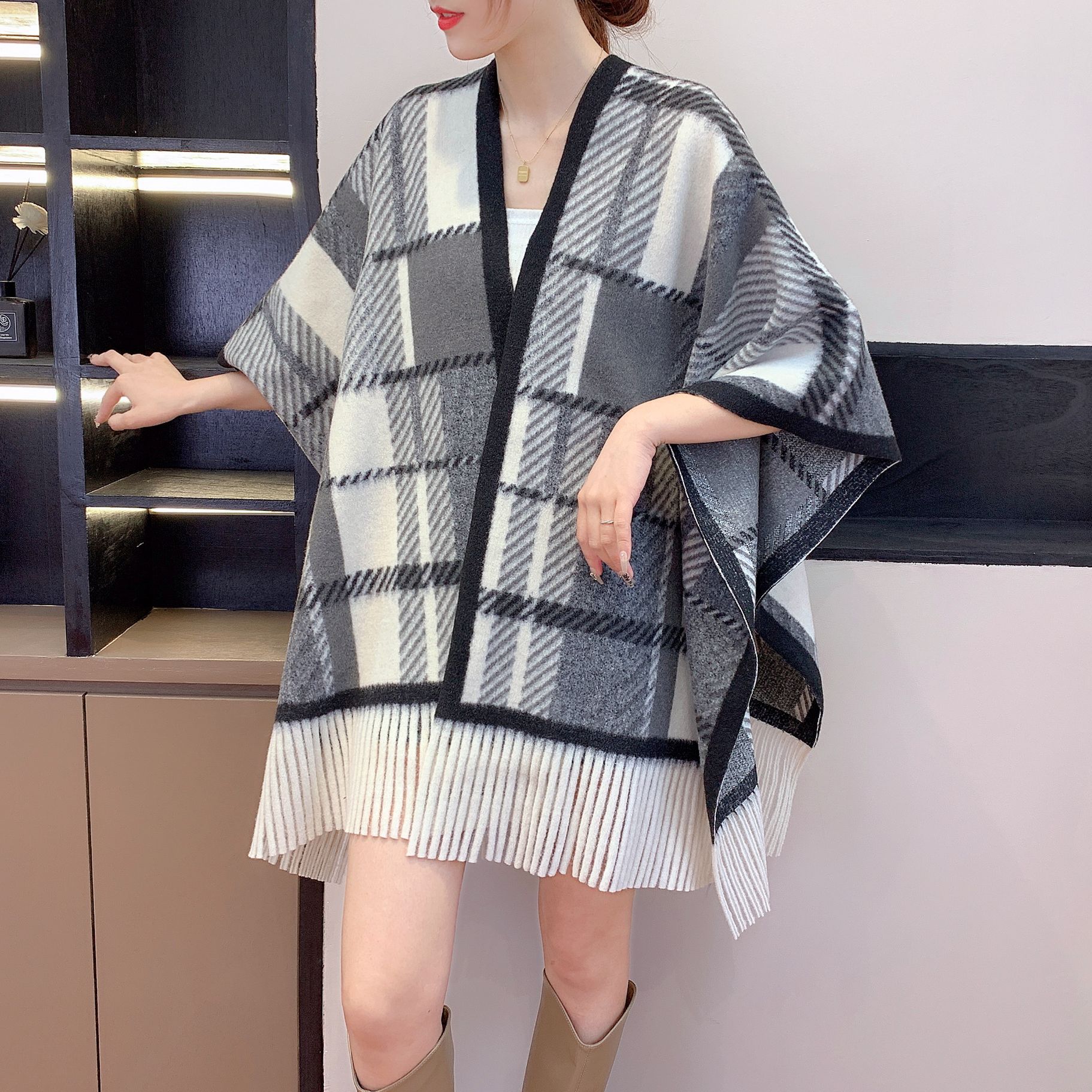 Imitation Cashmere Printed Shawl Outerwear Dress Cape Decorative New Plaid Warm Scarf