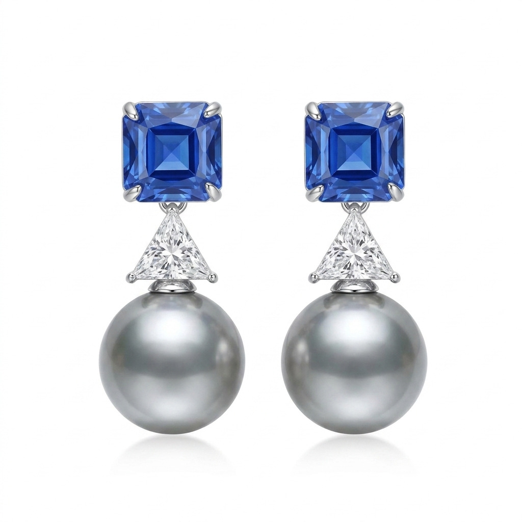 Qingdao vintage cool-toned aquamarine gray pearl set geometric cut necklace and earrings two-piece set
