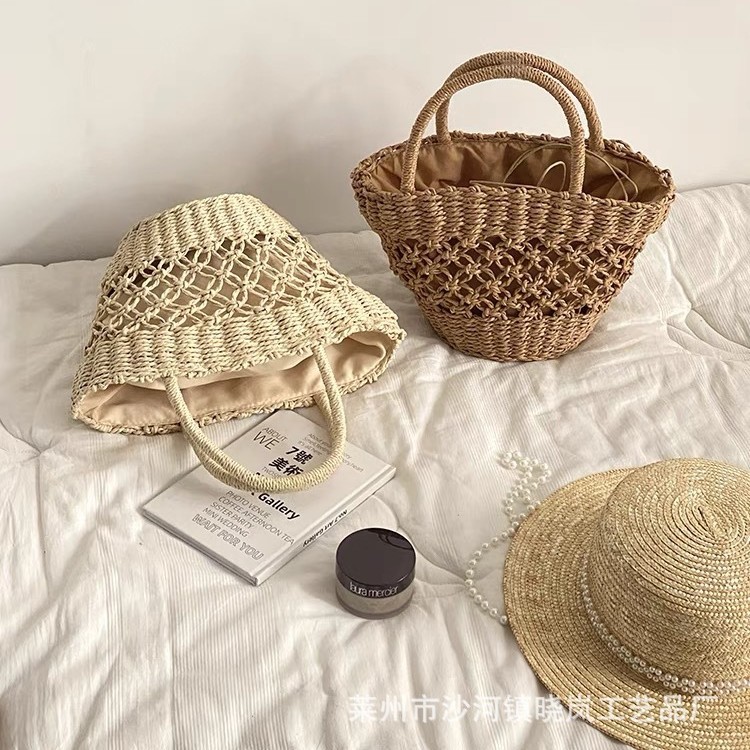 New solid color hollow handbag straw bag women's bag large capacity bohemian oval woven crossbody bag