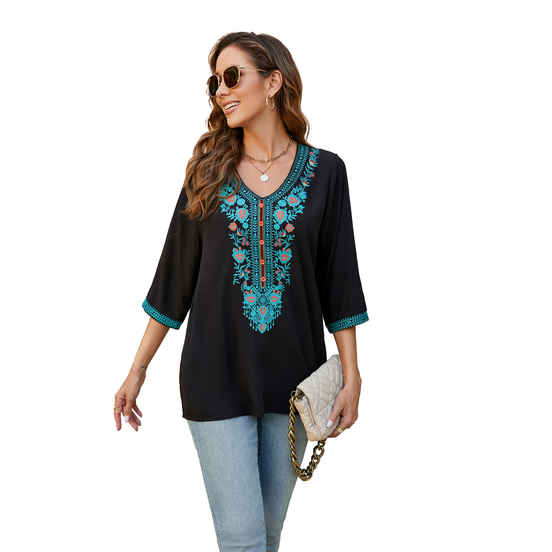 2026 summer new loose thin embroidered flower V-neck five-point sleeve T-shirt women's clothing shirt top 707