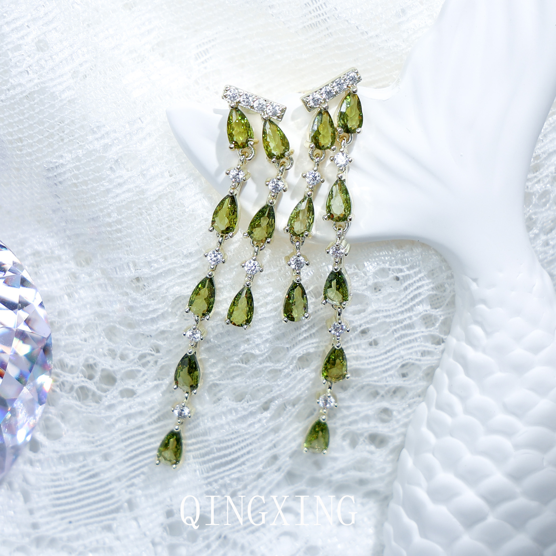 Fresh Small Olive Green Zirconia Tassel Earrings Long Drop Earrings Women's Ear Jewelry