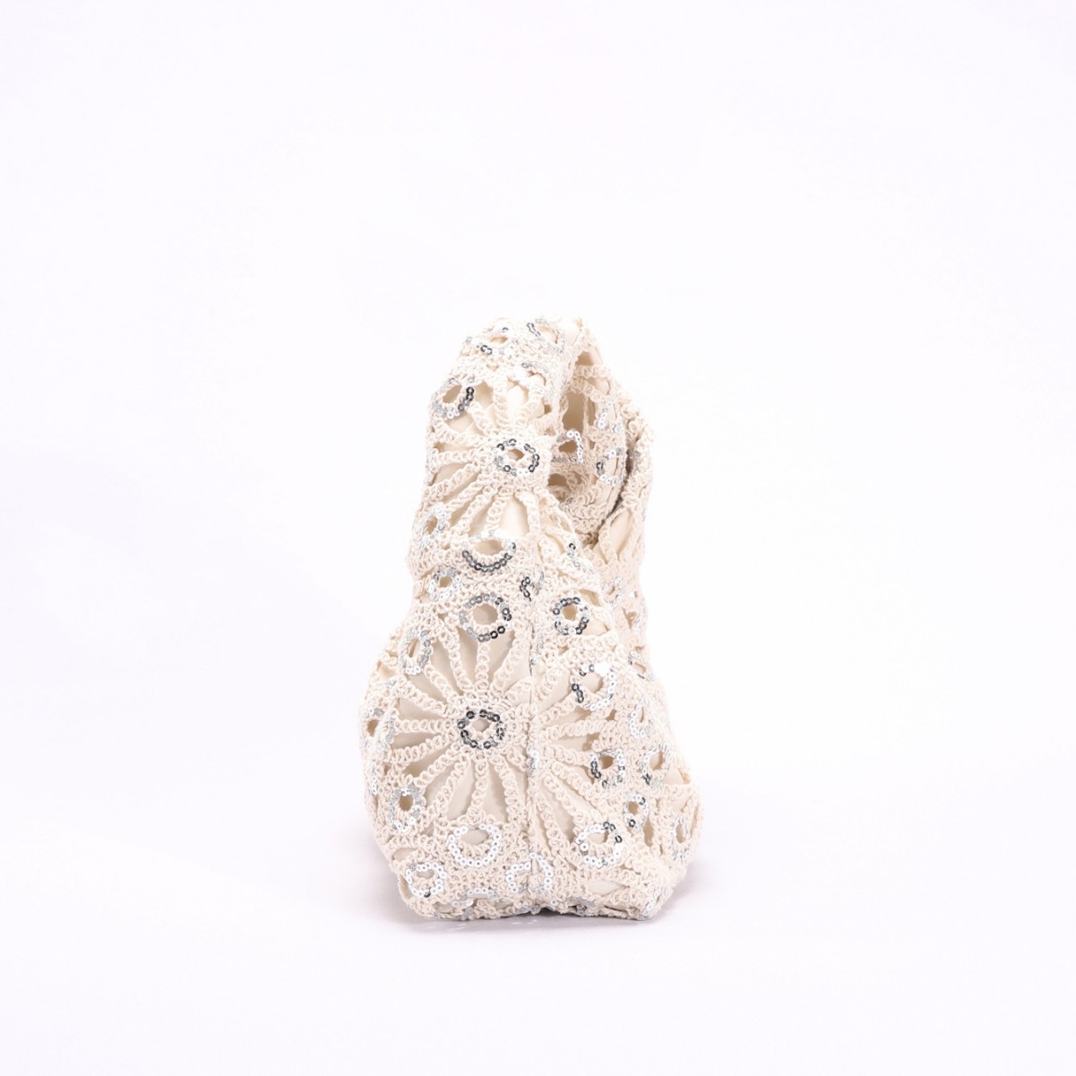 Hollow Crochet Handle Bag Women's Silver Sequins Decoration Twist Bag Handbag Vacation Style Spliced Pleated Bag
