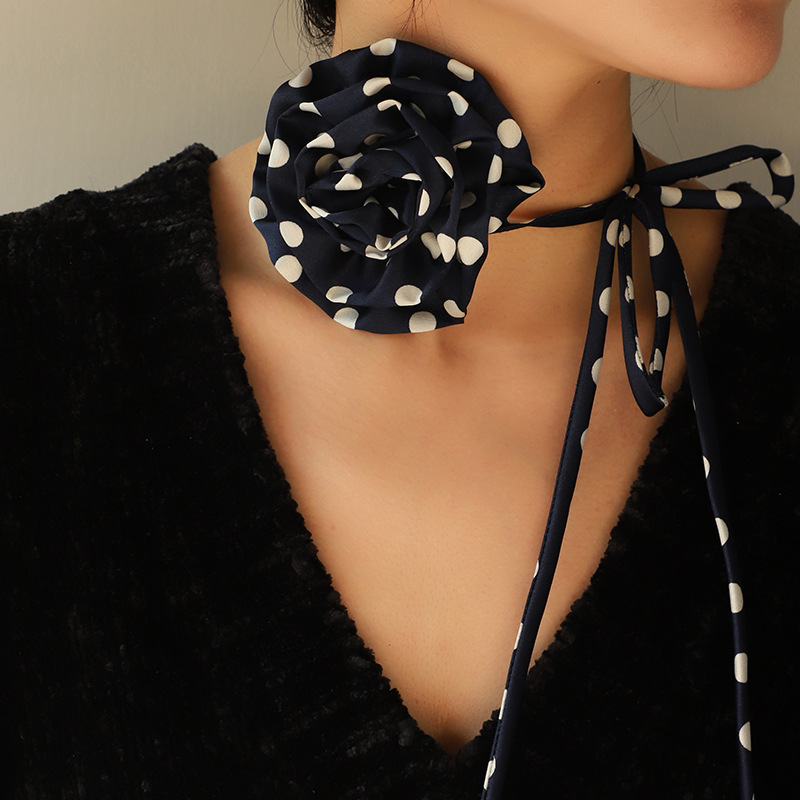 Kenjie 2024 new chiffon polka dot rose choker necklace for women long bow tie necklace