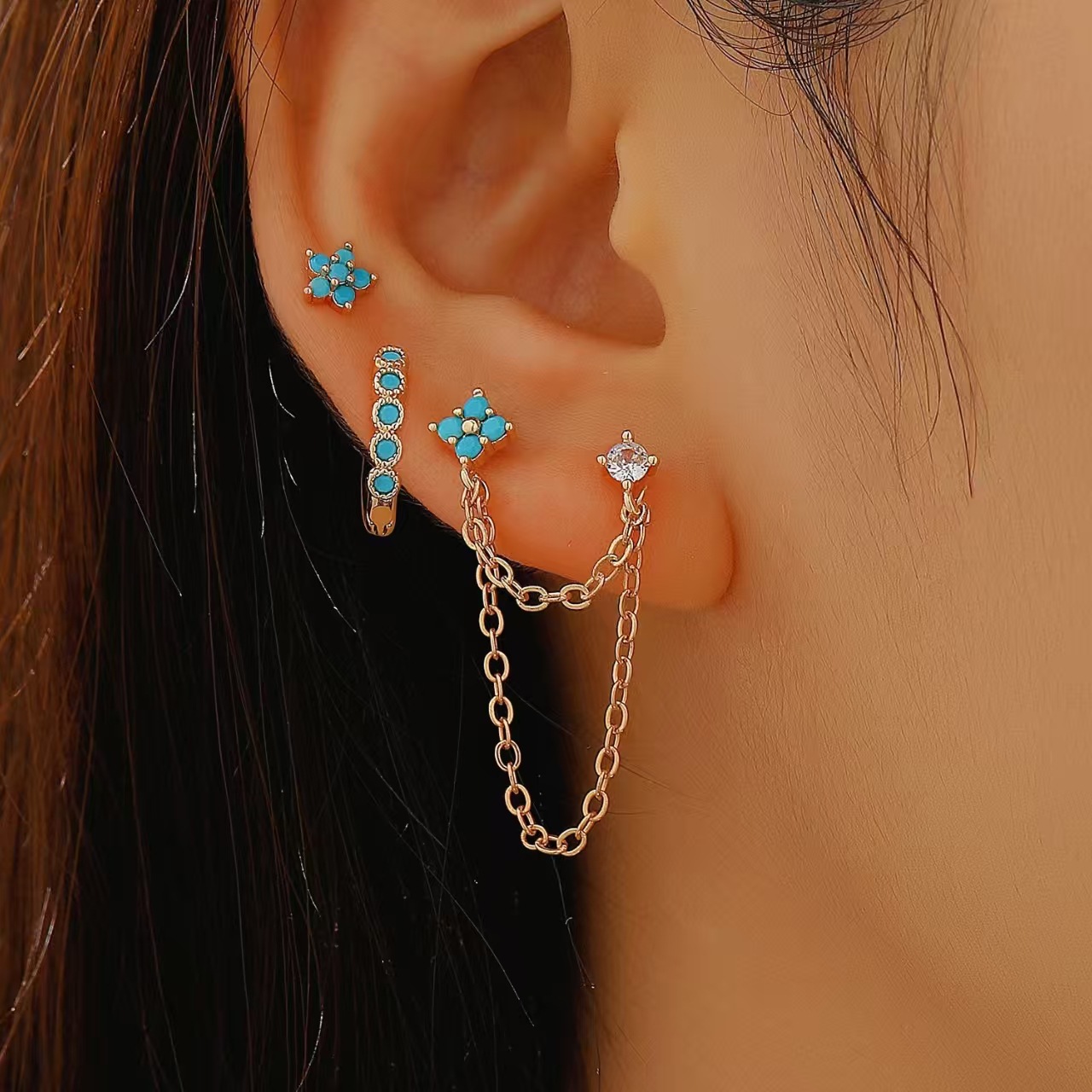 Star Moon Asymmetrical Earring Three-Piece Set Zircon Ear Stud Ear Cuff