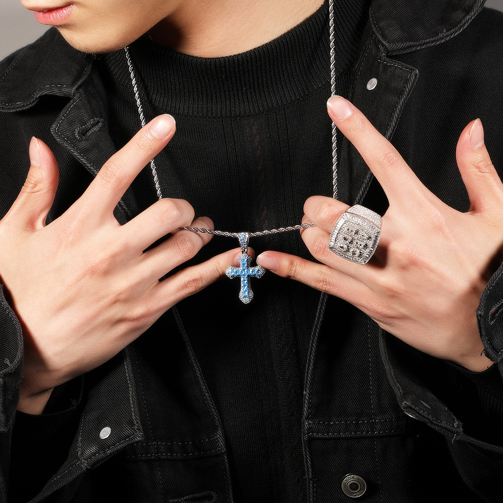 Hip Hop New Blue Zircon Cross Men's Necklace Heavy Punk Sweater Chain Accessories