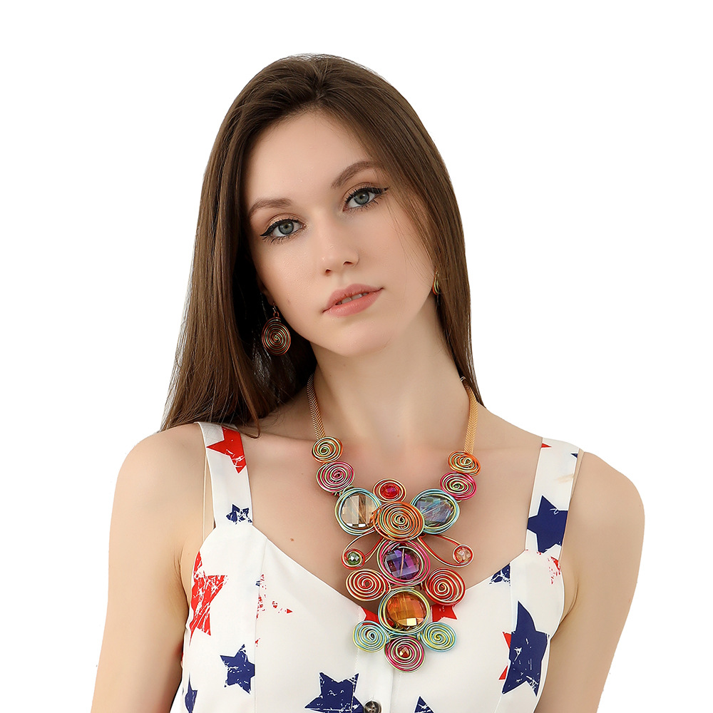Exaggerated gemstone aluminum wire woven necklace set big brand handmade accessories necklaces