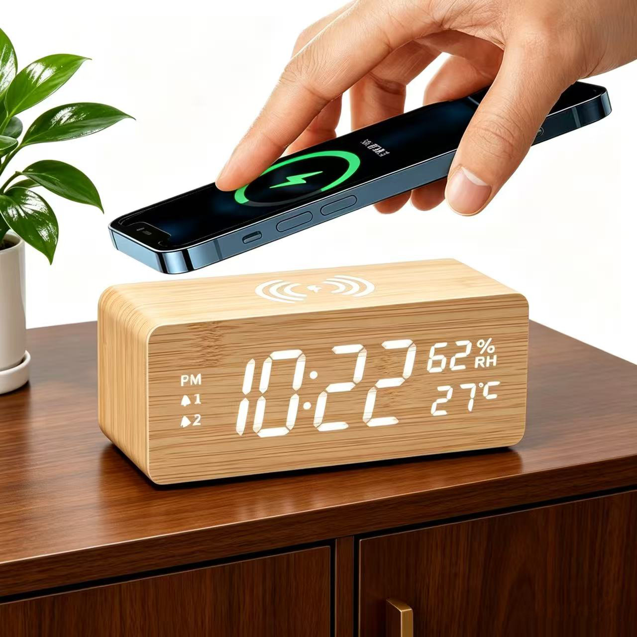 Perpetual Calendar Atmosphere Clock 15W Fast Charging Wooden Temperature and Humidity Wireless Charging Snooze Night Light Clock Multifunctional Electronic Clock