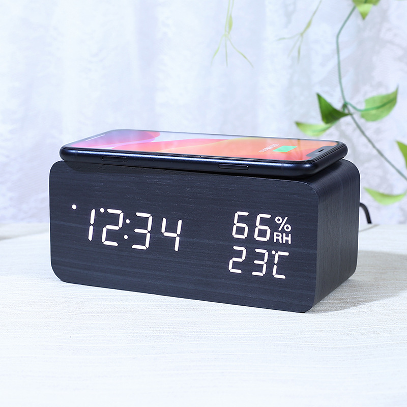 Smart Wireless Charging Clock Electronic Wooden LED Clock Digital Voice Control Clock Thermometer Alarm Clock