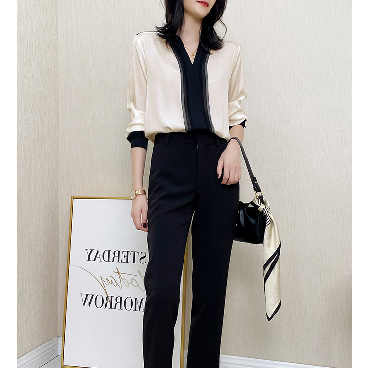 2026 Early Autumn S618 Heavyweight Mulberry Silk Shirt Top Women Long Sleeve V-Neck Black and White Contrast
