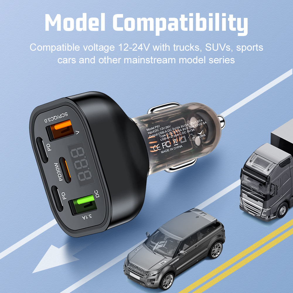 Digital Display Car Charger Fast Charge Head Five-Port PD Flash Charge Compatible with Android Apple High Power Car Charger