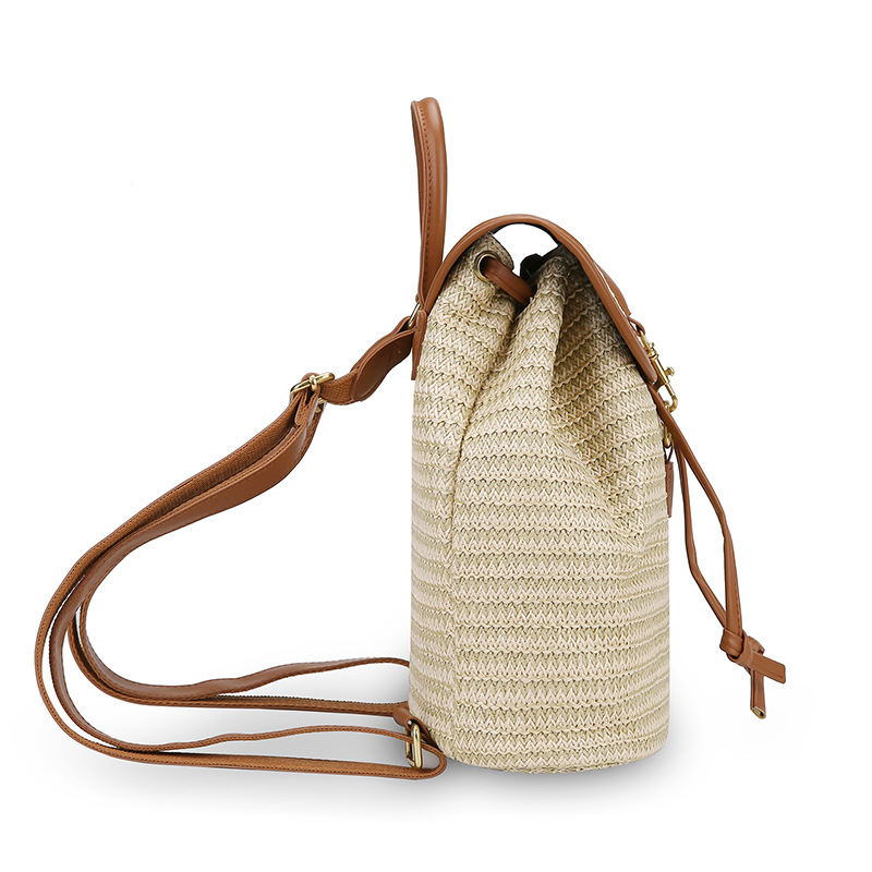 New Simple Patchwork Drawstring Bucket Straw Bag, Vacation Travel Woven Backpack for Women