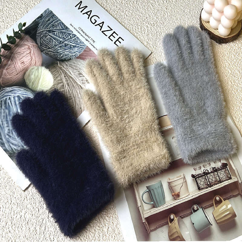 Women's Winter Warm Knitted Gloves for Students, Cycling, Fingerless, Solid Color, Imitation Rabbit Fur, Touchscreen